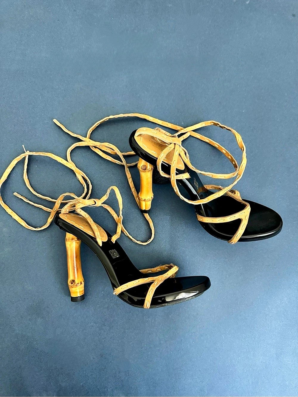 Gucci Tom Ford-Era Bamboo Heel Ankle Wrap Sandals Black & Beige